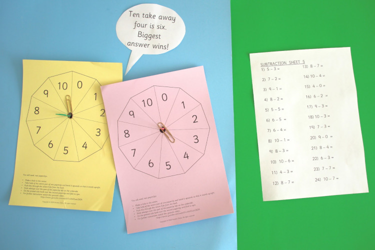 two spinners and a subtraction worksheet, which would you want to use?