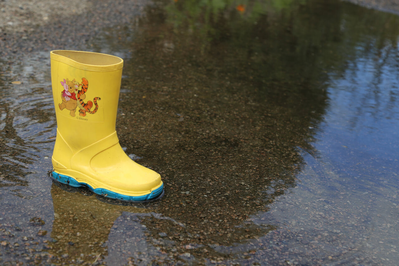 one wellington boot in a puddle one odd boot 