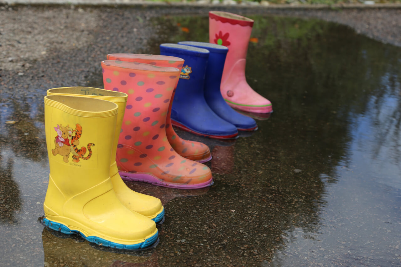 seven wellington boots, three pairs and one odd boot