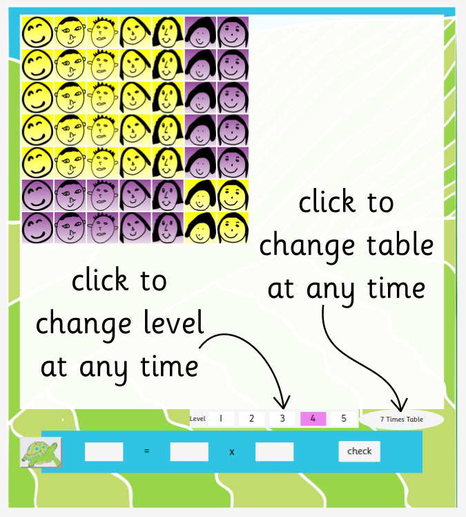 times tables game screenshot to demonstrate how to change table and level